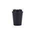 A drink bottle in black with a double wall design and a lid, featuring a logo on the surface.