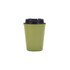 A drink bottle in olive green with a black lid, featuring a logo, designed as a double wall wheat straw cup.