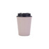 A drink bottle featuring a pale pink double wall design with a black lid, and a logo on the side.