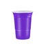 A purple beer pong party cup with a white rim and multiple stacked sections. It features a logo on the side.