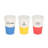 A drink bottle with a lid, featuring three designs in blue, yellow, and red, made from wheat straw material.