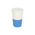 A drink bottle with a white top and blue ribbed lower section, featuring a lid and a logo.