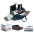 A teal convertible duffel bag opened to reveal clothes, a laptop, shoes, and a drink bottle, with a jacket and tie on top.