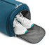 A teal duffel garment bag with a compartment containing white sneakers, showcasing a sleek design.