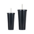 A drink bottle set featuring two black double wall stainless steel tumblers with straws, one larger than the other.