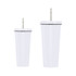 A drink bottle set featuring two white double wall stainless steel tumblers with straws, one larger than the other.