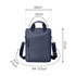 A blue laptop bag with a shoulder strap, top handles, and dimensions displayed. It features a logo.