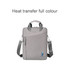 A grey laptop bag with a shoulder strap and a front zip pocket, featuring a logo on the front.