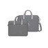 A grey laptop bag with dual handles and a detachable strap, featuring a sleek design and a logo.