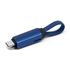 A blue aluminium charging cable with a woven loop for easy carrying and a sleek design. It has a logo on the side.
