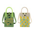 Two knitted phone crossbody bags in green and cream, featuring floral designs and handles. One has a logo.