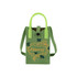 A green knitted phone crossbody bag with a handle, featuring floral designs and a strap for easy carrying.