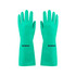 A pair of green reusable nitrile gloves with a logo on one side, designed for cleaning tasks.