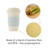 A reusable coffee cup in cream with a grey silicone sleeve, made from bamboo fibre and BPA-free polypropylene.