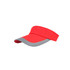 A sun visor in bright red with a grey peak, featuring a logo on the band.