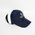 A navy blue and white baseball cap with a Velcro strap, featuring a logo on the front.