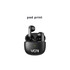Black semi in-ear wireless earbuds resting in a matching case, featuring a logo and a charging indicator light.
