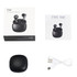 Black semi in-ear wireless earbuds in a charging case, accompanied by a USB charging cable and a branding card.