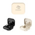 Open-ear headphones in black and cream cases, with a logo on the cream case, displayed together.
