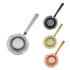 A round cocktail strainer in silver, black, gold, and copper colours, featuring a handle and a logo.