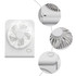A white mini desk fan with a circular grille and a power button, featuring various angles of its design.