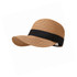 A straw cap featuring a tan woven design and a black fabric band. It has a curved brim and an adjustable back.