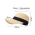 A straw sun hat with an adjustable black band, featuring a wide brim and dimensions shown in the image.