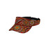 A patterned full sublimation visor featuring vibrant reds, oranges, and intricate designs. It includes a logo.