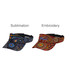 Two visors are displayed: one in blue with a sublimation pattern and the other in red with an embroidered design. Both feature a logo.
