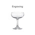 A clear glass martini coupe with a tall stem and a smooth, wide bowl. Features an engraving and a logo.