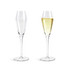 A pair of clear tulip champagne glasses with one filled with sparkling beverage and a logo on the side.