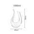 A U-shaped clear glass wine decanter with a capacity of 1000ml, measuring 34cm in height and 20cm in width.