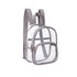 A clear mini backpack in transparent PVC with grey accents and two zippered compartments. It features adjustable straps.