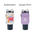 A drink bottle pouch in floral and purple designs, featuring zippers and a logo on the side.