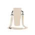 A drink bottle carrier bag in beige with adjustable straps and clips for easy transport.