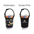 A drink bottle sleeve in black and multicoloured with designs, featuring a logo. Two styles are displayed side by side.