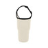 A drink bottle holder pouch in cream with a black strap, featuring a logo on the front.