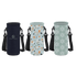 A drink bottle carrier featuring three designs: a navy blue, a geometric pattern, and a floral pattern, each with straps.