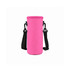 A drink bottle carrier in bright pink, featuring adjustable black straps and a logo. Ideal for leisure and outdoor activities.