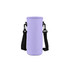 A drink bottle carrier in light purple with adjustable black straps, featuring a logo on the side.