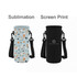 A drink bottle carrier featuring a light blue patterned design and a black version with a logo. Both have adjustable straps.