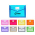 A collection of expanding document folders in various colours, including blue, pink, purple, orange, yellow, clear, and green.