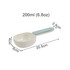 A 2 in 1 pet food scoop in beige and light blue, with measurements displayed alongside it. 