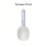 A pet food scoop in light grey and white with a logo on the handle.