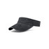 A washed black sun visor with a wide brim and a textured fabric, featuring an embroidered logo.
