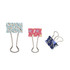 Three binder clips in various designs: a blue one with patterns, a pink one with a playful style, and a dark blue one with a unique print.