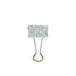 A binder clip with a light blue patterned design and metallic silver arms, featuring abstract shapes in various colours.