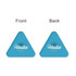 A triangular clear acrylic coaster in bright blue featuring a logo on one side.