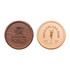 Two round wooden coasters, one in dark brown with a tea design and one in light wood featuring a tropical cocktail design.