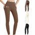 High-waisted elastic LYCRA yoga leggings in brown, white, and black. Features a logo on the brown pair.